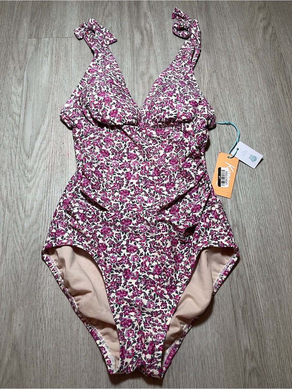Kona Sol Pink Floral Coquette Ruched Full Coverage One-Piece Swimsuit XS New
